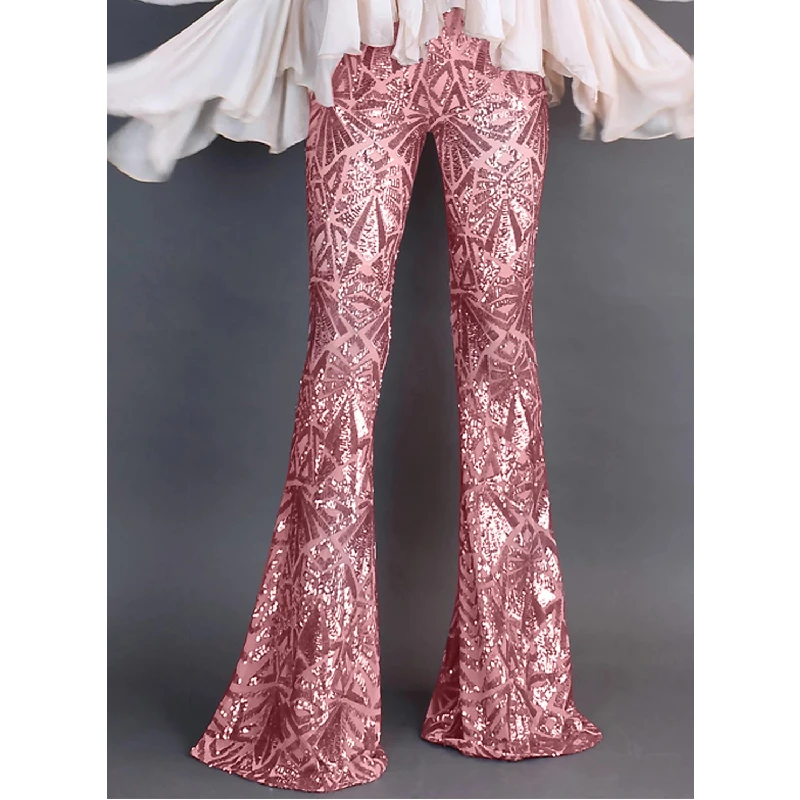 

Lc77232-10 Women's Fashion Casual Plus Size High Waist Pink Sequin Bells Bottoms Flared Wide Leg Pants, Silver