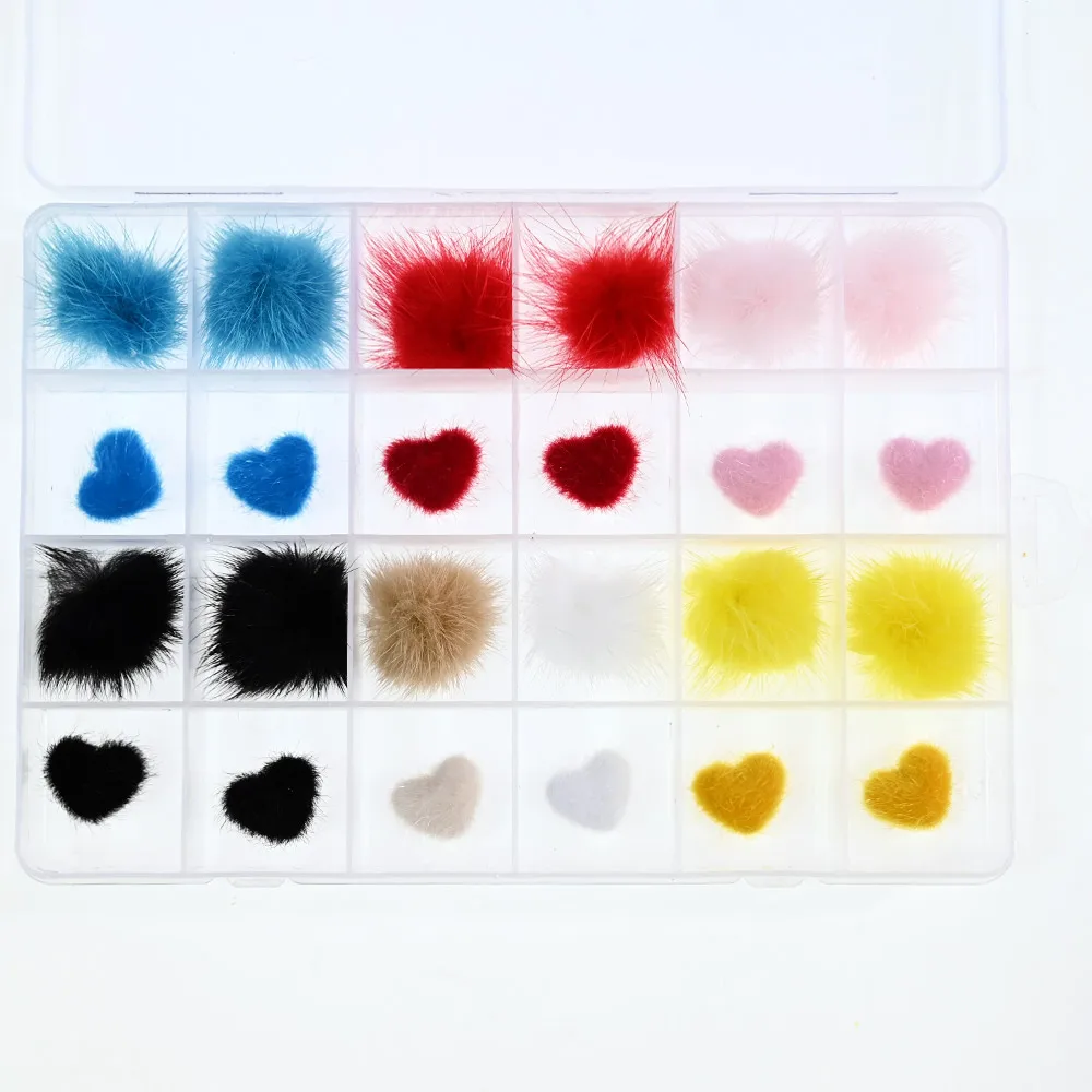 

New 24pcs/ set Nail Pom Poms Removable Magnetic Fluffy Plush Ball 3d love heart Nail Art Charms Decorations Cute poms Box, 13 optional colors