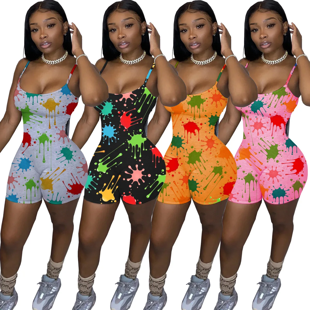 

Sexy Women Bodysuit V Neck Sleeveless Heart Print Bodycon Jumpsuit Spaghetti Strap Slim Fit Short Romper One Piece Jumpsuits