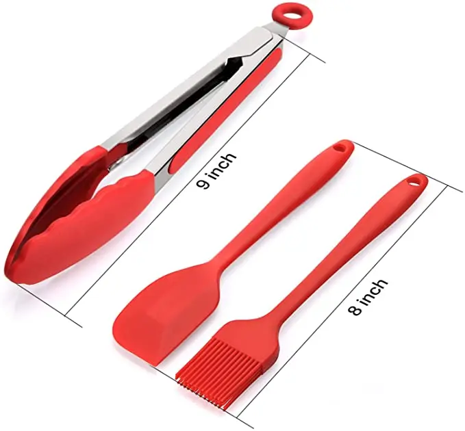 

Amazon hot selling outdoor BBQ 3-in-1 silicone set silicone spatula,food tong and brush Kitchen Cooking Utensils, Red