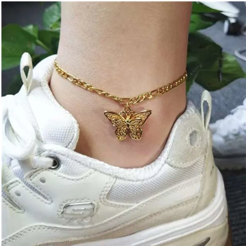 

Stainless Steel Charm Cuban Chain Cut Butterfly Anklet Brecelet for Women Girls, Picture shows