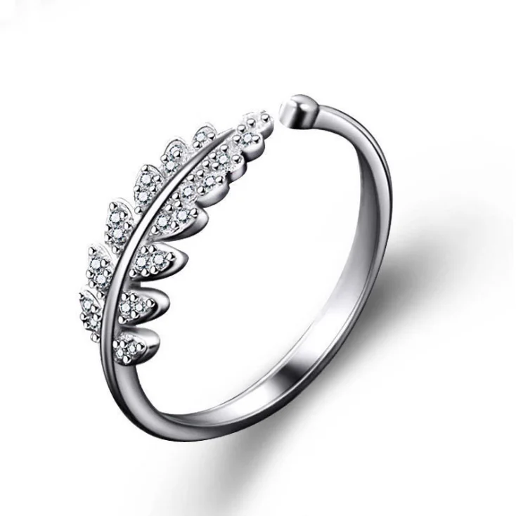 

925 Silver Korean Fashion Leaf Ring For Women Adjustable Open Design Zircon Delicate Daily Ring Jewelry