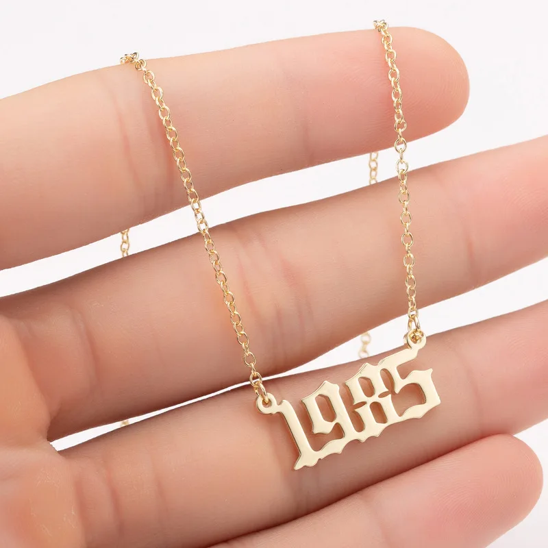 

Hot Custom 18k Gold Plating Stainless Steel Personalized Birth Year Necklace Old English Arabic Number Necklace