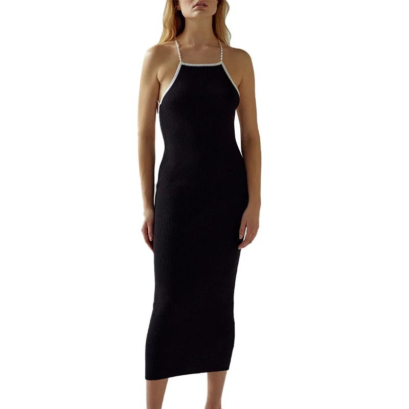 

Women's Summer Halter Midi Black Sexy Pearl Backless Maxi Party Dress