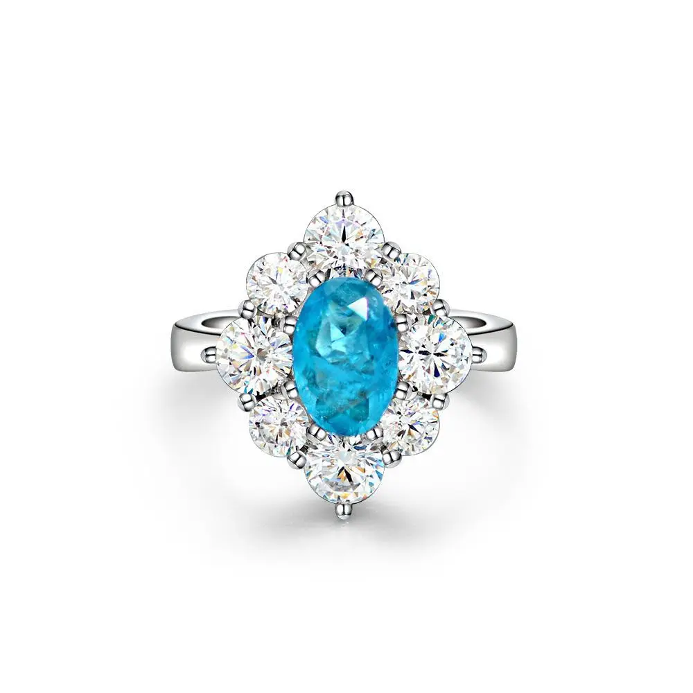 

925 Sterling Silver Oval Paraiba Tourmaline Created Moissanite Diamond Gemstone Ring, Sky blue