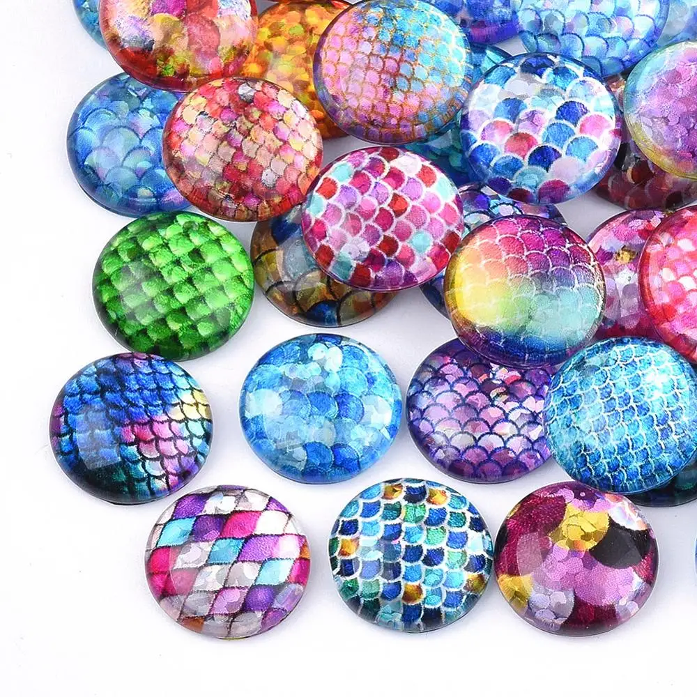 

PandaHall 12mm Half Round Fish Scale Pattern Flat back Glass Cabochons, Mixed color
