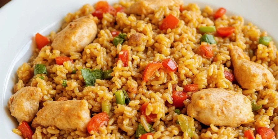 Family enjoying arroz con pollo at dinner table