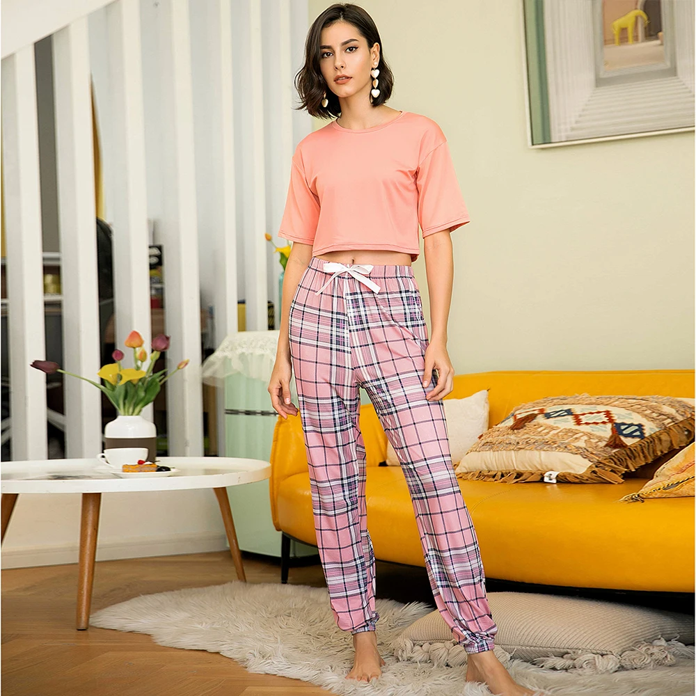 

Polyester spandex knitted jersey crop top tshirt classic sleepware pink pijama pj night suits set sleep loungewear for women, Pink, black