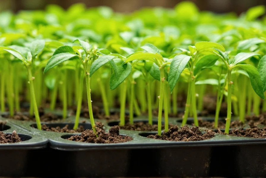 Close-up of cayenne pepper seedlings growing in starter trays with proper spacing and lighting conditions
