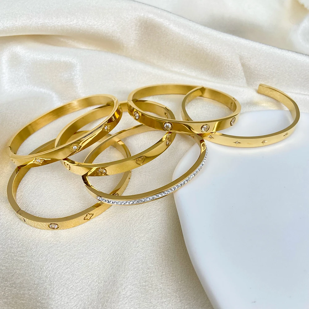 

New fashion 18K gold-plated stainless steel bracelet with eight-pointed star zircon round zirconium bracelet jewelry 2024