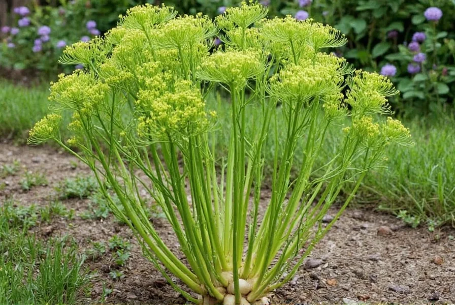 Full fennel plant growing in garden showing bulb base, tall stalks, feathery fronds, and yellow flower clusters