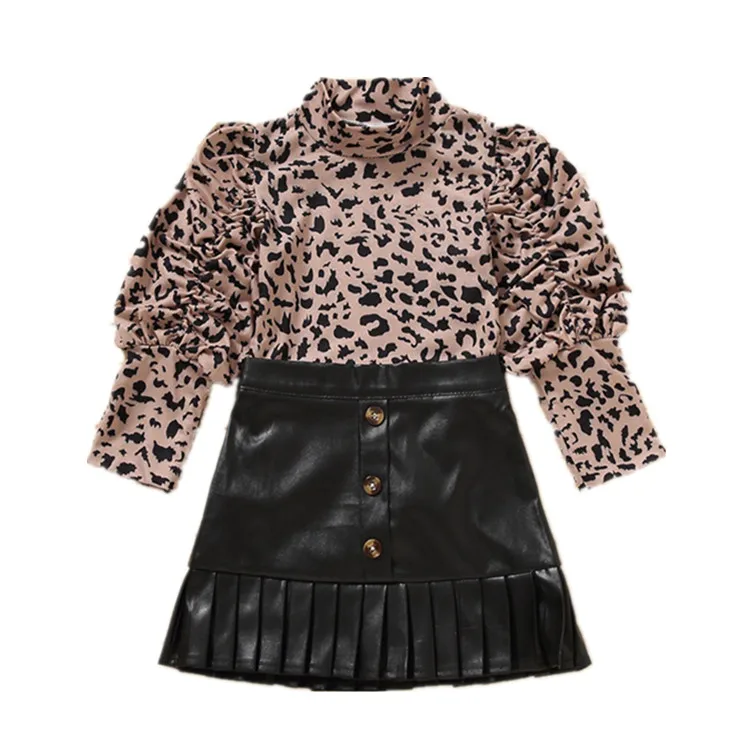 

Hot Sale Wholesaler Children's Clothing Sets Puff Sleeve Fashion High Collar Leopard Shirt Leather Skirt Girls Suit, Black,red