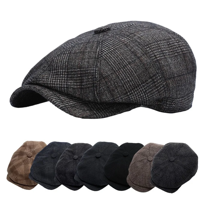 

wholesale fashion man's luxury wool tweed plaid beret winter Quilted Lining Earflap plaid peaky blinders hat newsboy cap for men