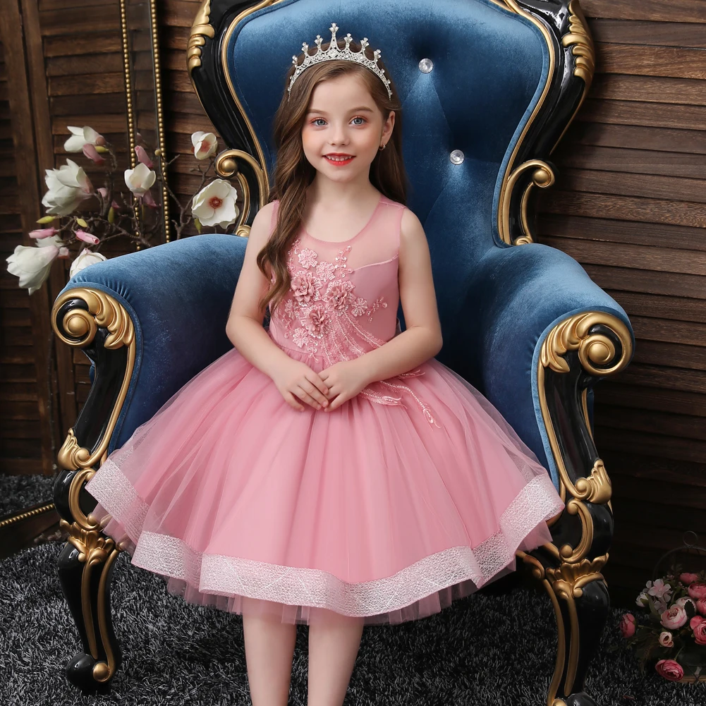 

Child blue flower girl wedding dress for kids birthday dress of 2-6 years old baby girls dress designs round neck sleeveless