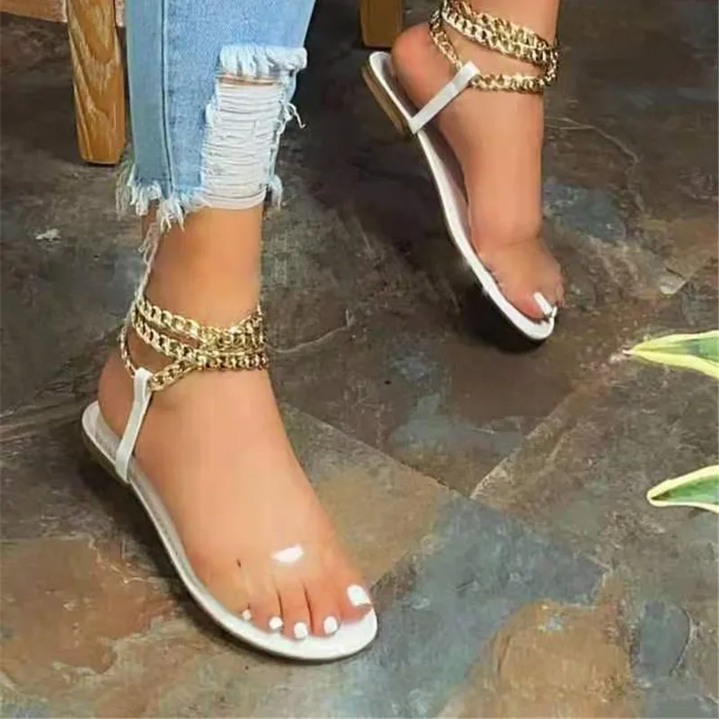 

2021 Summer New Style Flat Sandals Fashion Solid Color Chain Open Toe Outdoor Women's Shoes Plus Size 43