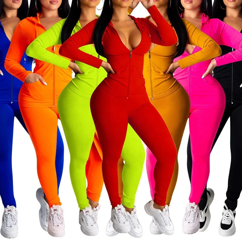 

9S4U Sexy lady Deep V neck Long Sleeve Sports Slim tracksuit set 2 piece set bodycon neon women clothing, Customized color