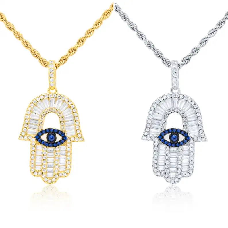 

lucky turkish jewelry evil eye hamsa hand pendant men necklace iced out cz bling hip hop rope chain choker