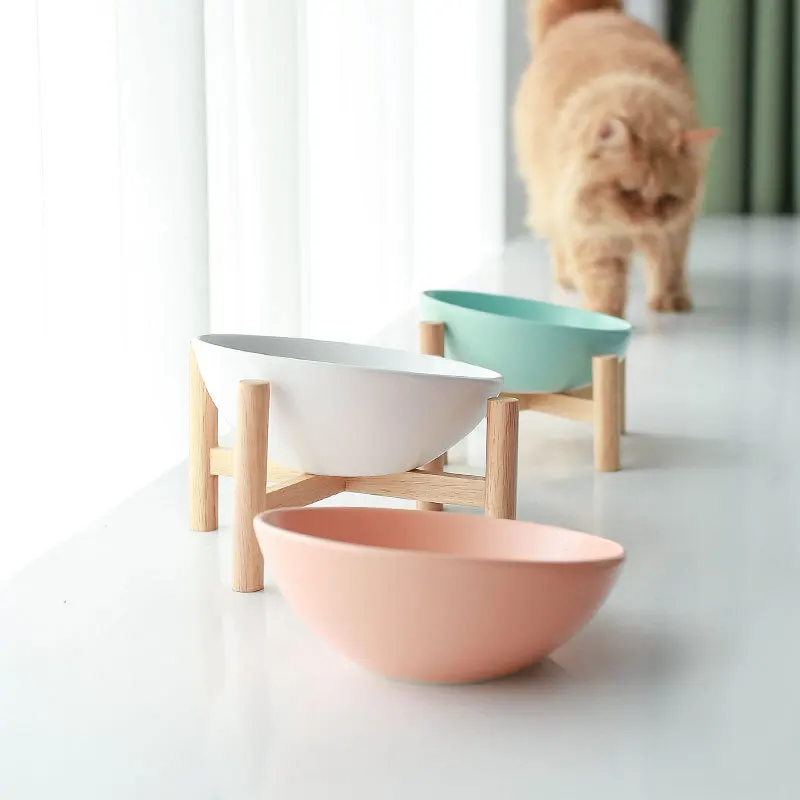

Cat Bowl Ceramic Water Food For Puppy Dogs Feeder With Wooden Raised Stand Multiple Color Non-Slip Pet Products Accessories, Customized color