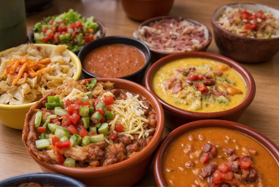 Variety of chili bowls with different toppings at a restaurant