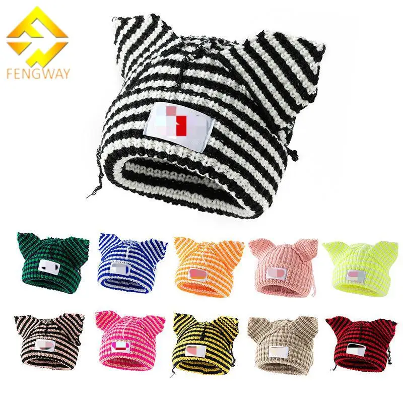 Autumn Winter Striped Knitted Beanie Hat Cat Fox Ears