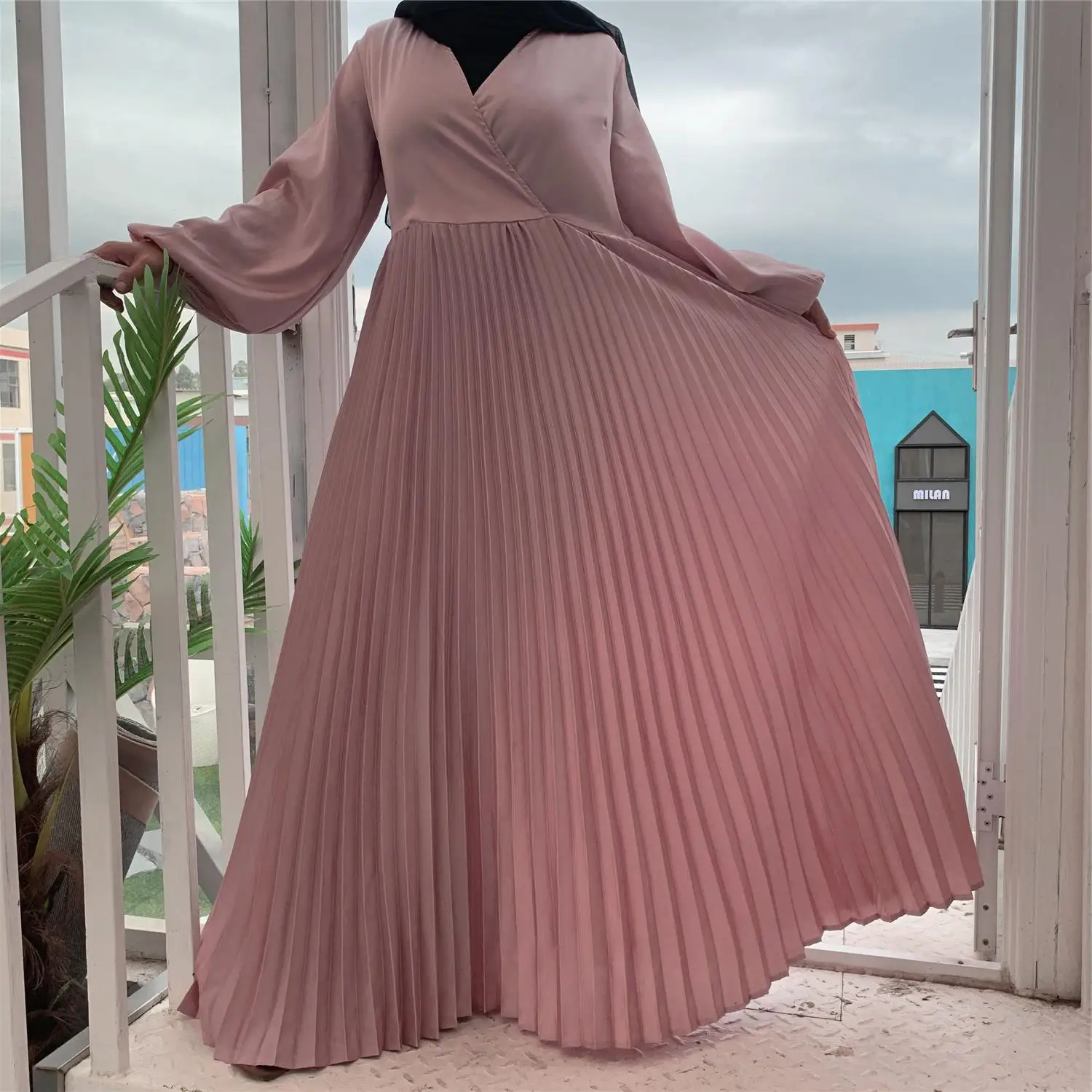 

Women new satin pleated wrap dress long sleeve midi dress ladies V neck