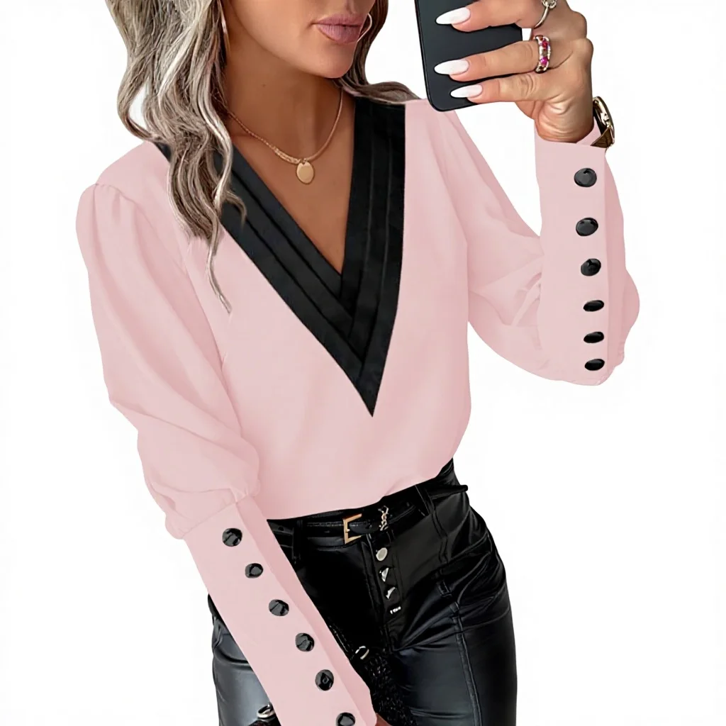 Ohsisa Autumn V Neck Long Sleeved Button Up Shirt