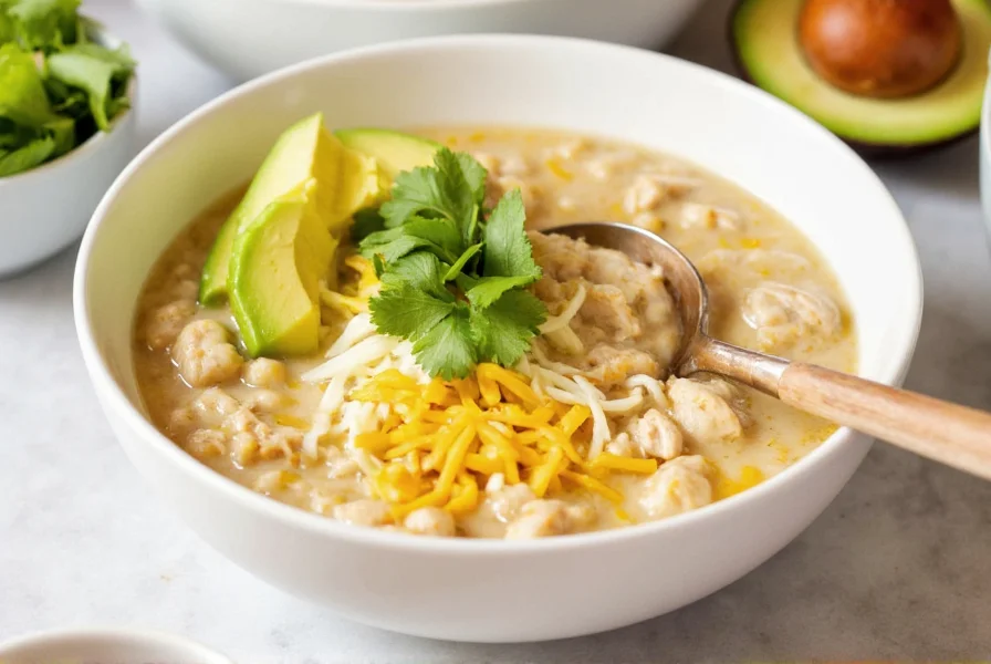 Serving bowl of white chicken chili with toppings including cheese, avocado, and cilantro