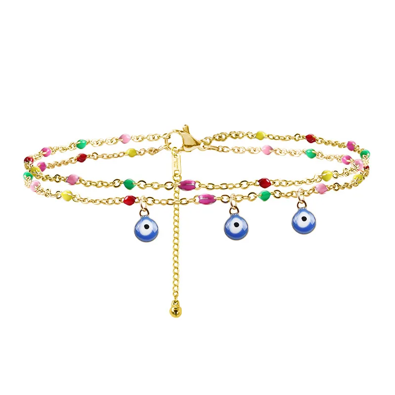 

Wholesale Colorful Beads Anklet Beach Eye Pendant Anklet Double Layers Stainless Steel Anklets For Women