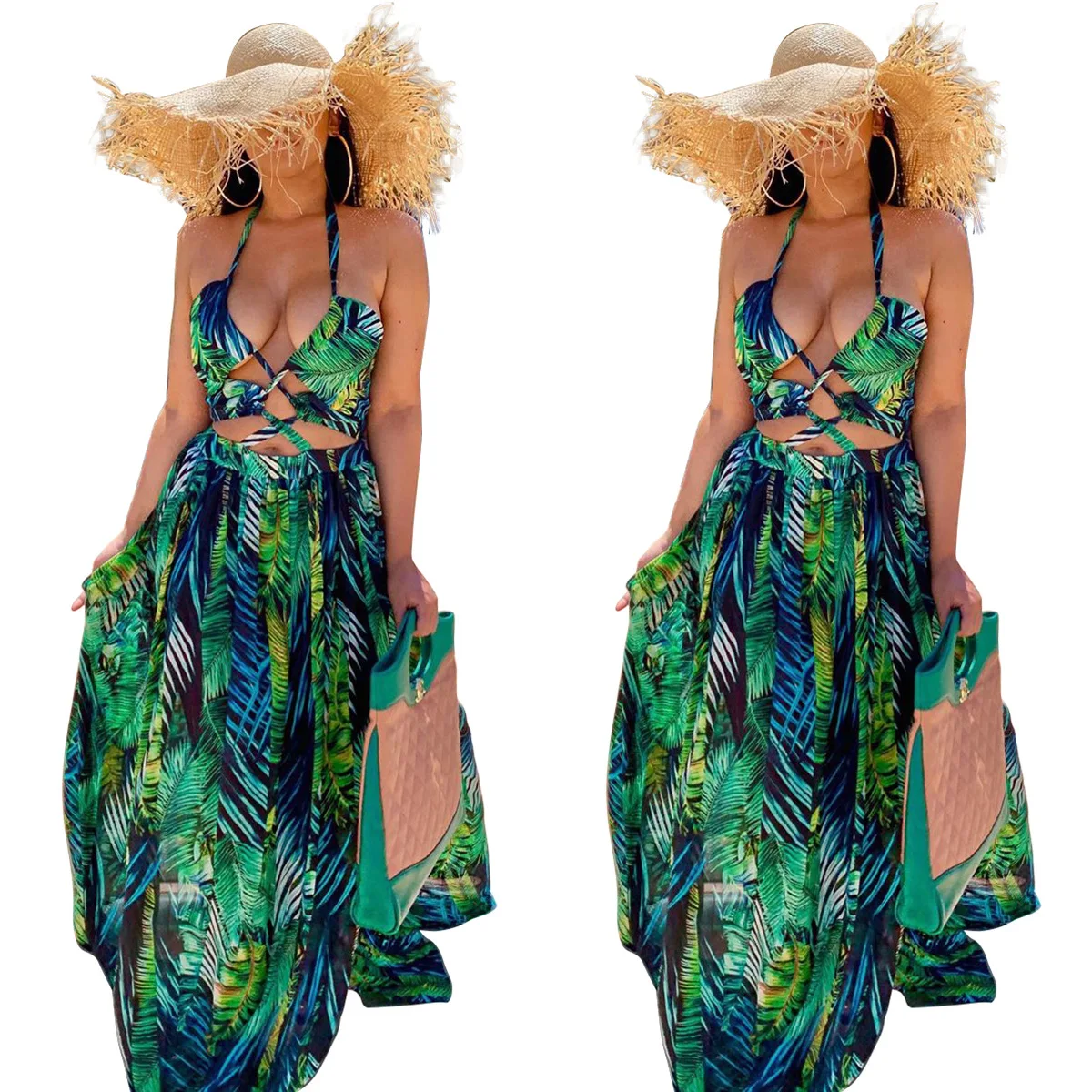 

New product hot sale halter long skirt digital printing European and American fashion style big swing skirt dress women, Shown
