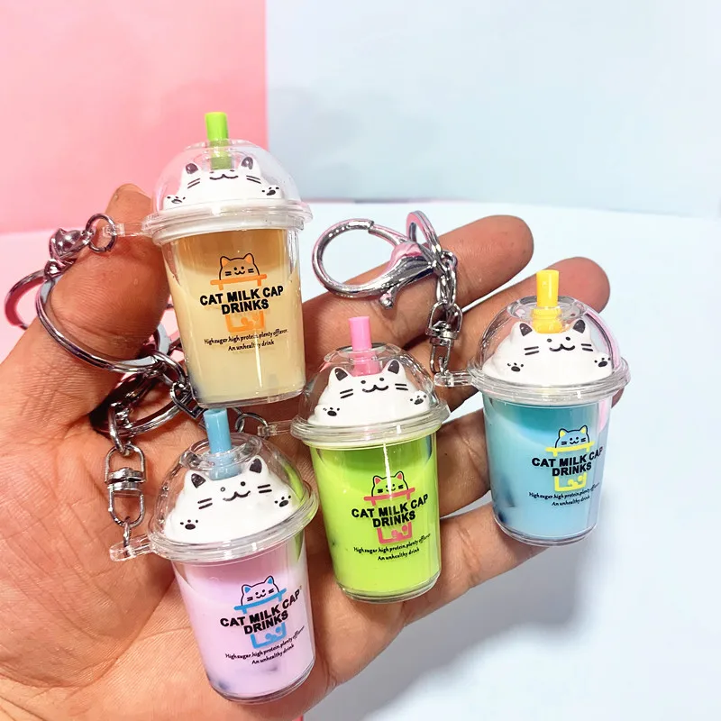 

Wholesale Custom Cartoon Cute Acrylic Bubble Milk Tea Keychains Cat Cup Bottle Key Chain Floating Liquid Boba Keychain