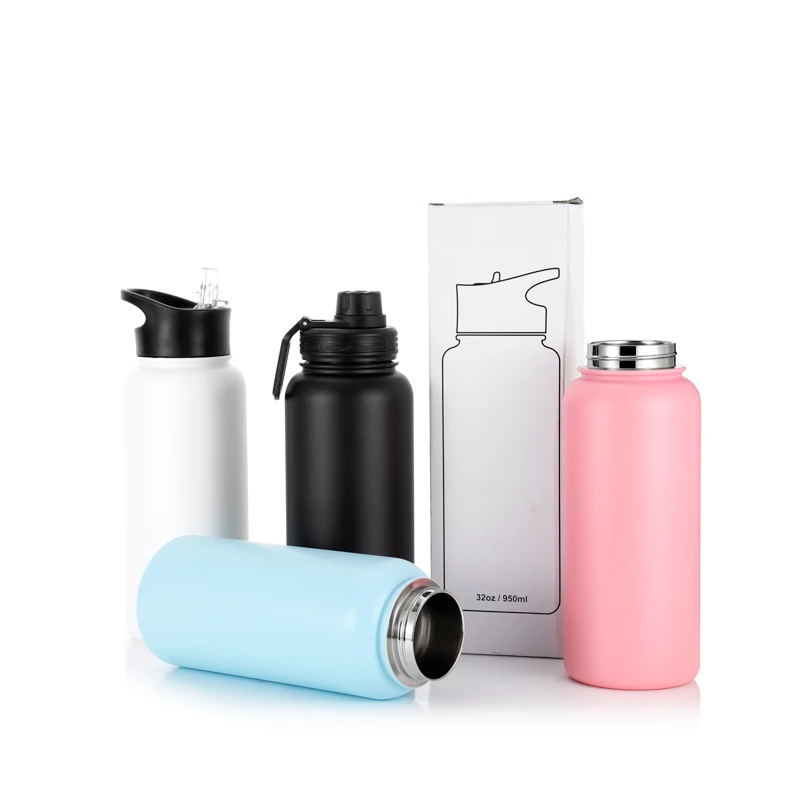 

Stocked 32oz 18/8 double wall stainless steel flasks vacuum outdoor water bottle with many lids available, Customized color