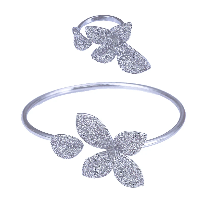 

2020 New Fashion Leaf Design Charm Jewelry Set Pave Full Cubic Zirconia Luxury Bangles Bow-knot Ring XIUMEIYIZU Brand Export, Silver