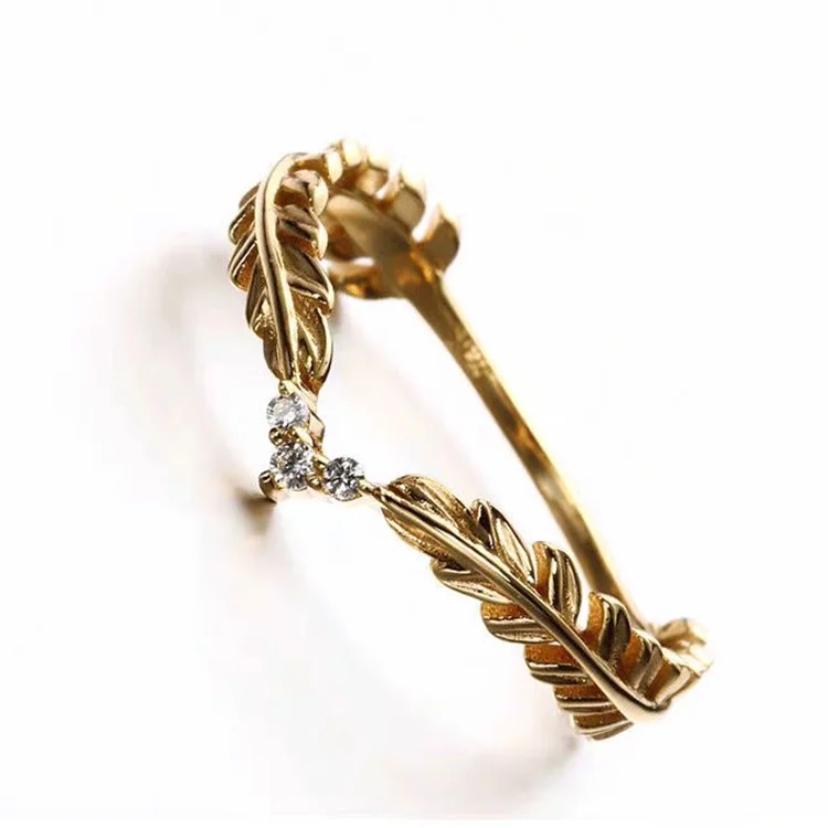 

New product copper plated 18K gold ring ladies small fresh style spring leaf feather ring stacking tail jewelry ring, Picture shows