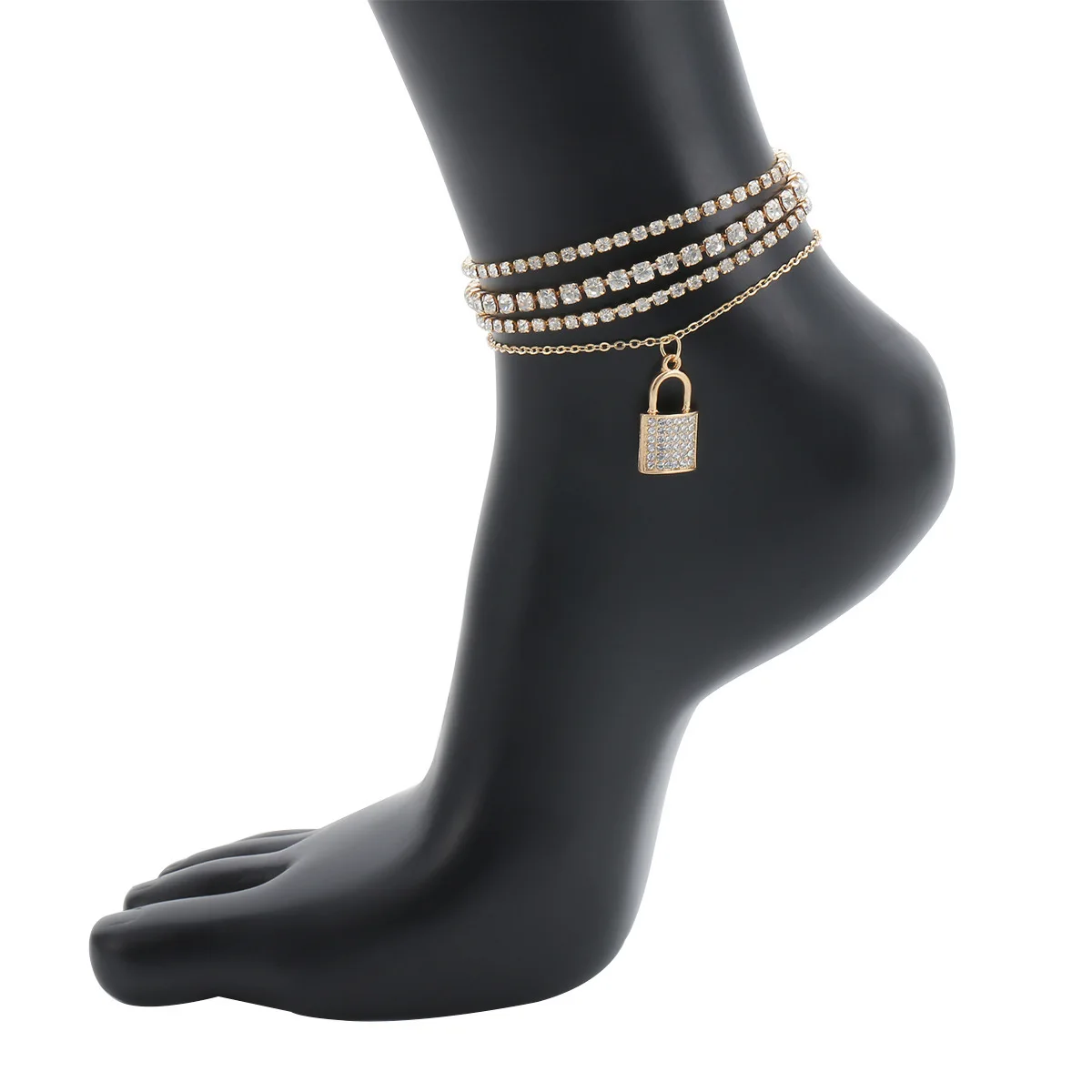 

Luxury Summer Foot Jewelry Multi Layer Bling Full Crystal Rhinestone Chain Anklet Crystal Lock Charm Anklet Foot Chain