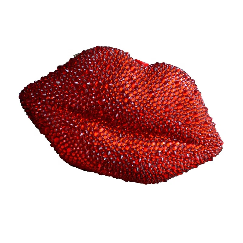 

2021 Luxury Rhinestone Ladies Crossbody Golden Chain Shoulder Clutch Purse Evening Bags Women Red Lips Shape Makeup Bag