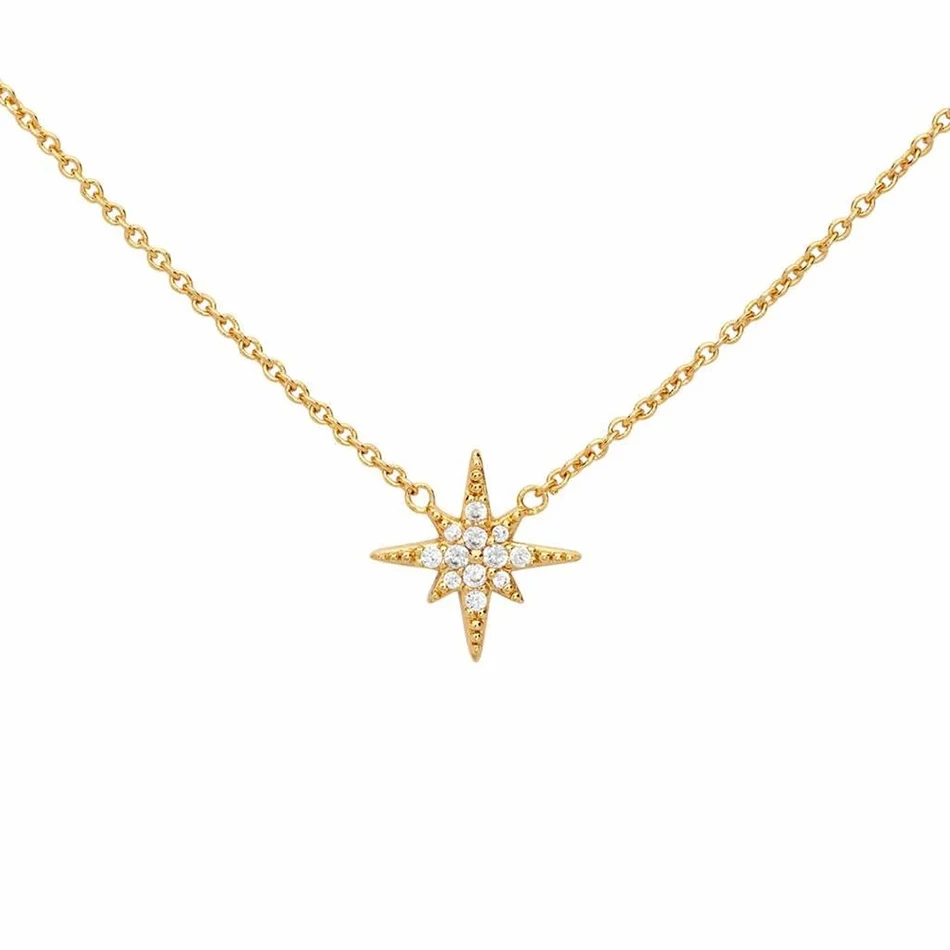 

wholesale 925 Sterling Silver 18k Gold Plated Sparking Pave Starburst Star Pendant Necklace With Cubic Zircon