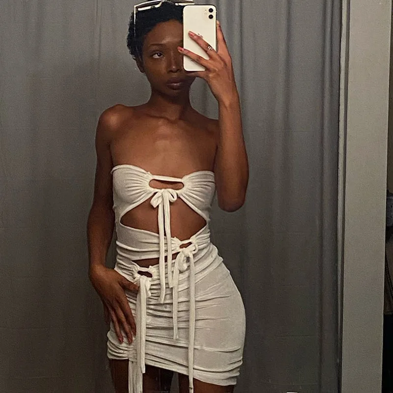 

QC New style sleeveless mini dresses bandage sexy outfits hollow white summer dress with draw string