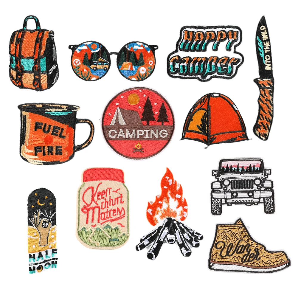 

latest mountain camping motif custom made iron on embroidered patches badges for jacket coat