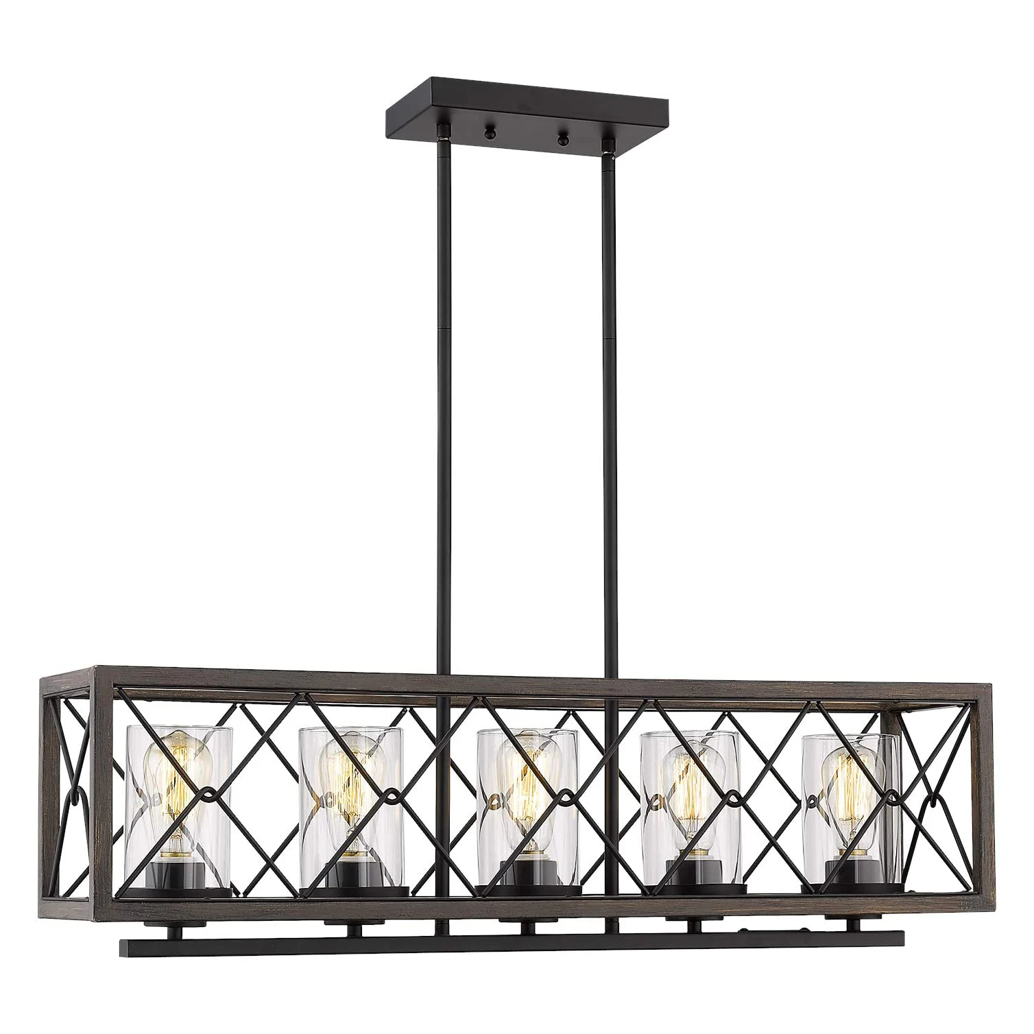 5 Light Iluminacion Colgante Clear Glass Wood Black Finish Iron Metal Rectangle Cage Hanging Pendant Lighting