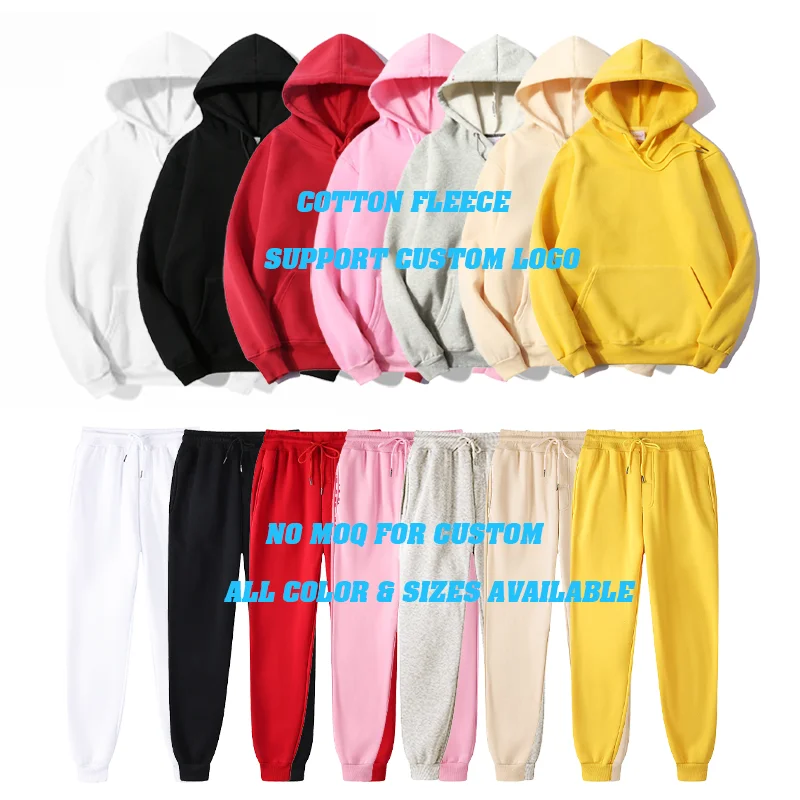 

Unisex Cotton Mens Womens Custom Logo Oversized Sets Plain Blank Pullover Hoodie Jogger Sets Two Piece Sweatshirt Set, Customized color