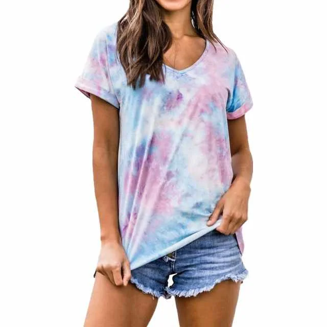 

cheap price ladies' blouses summer tops t shirt loose casual tie dye t shirts for women, Custom