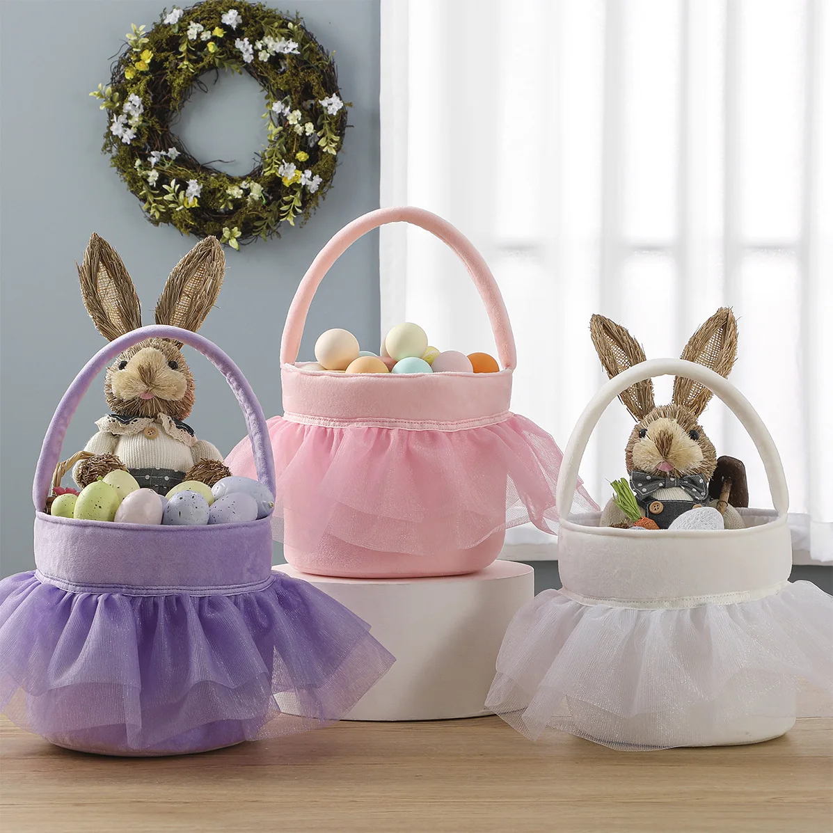 

Easter Cute Fluffy Ruffled Tulle Egg Hunting Decorations Party Supplies Egg Basket Gifts For Girls