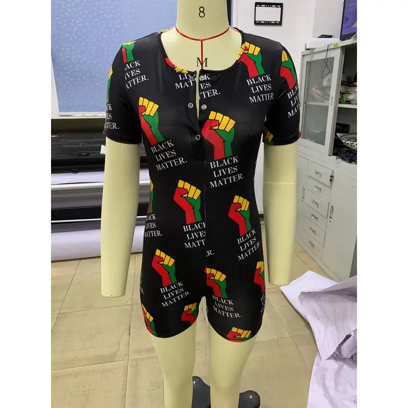 

Wholesale Quality Spring Summer Short Sleeve Sleepwear black lives matter designer Onesie Button Sexy Pajamas For Women, Colors,cute printed pajama rompers for women