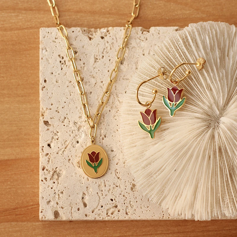 

INS hot stainless steel 18k gold tulip flower enamel pendent necklace earring set