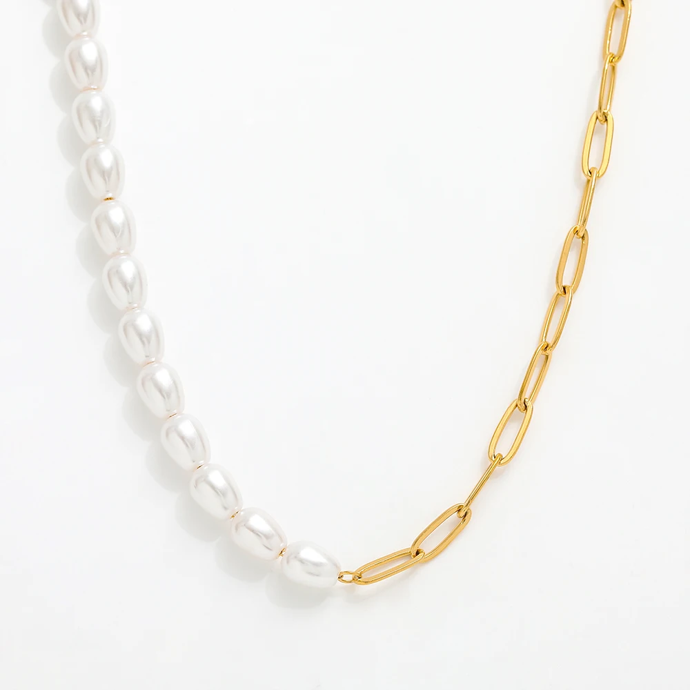 Waterproof & Tarnish Free 18K Gold Plated Paper Clip Freshwater Pearl Joint Necklace Trendy Stainless Steel Jewelry Wholesale