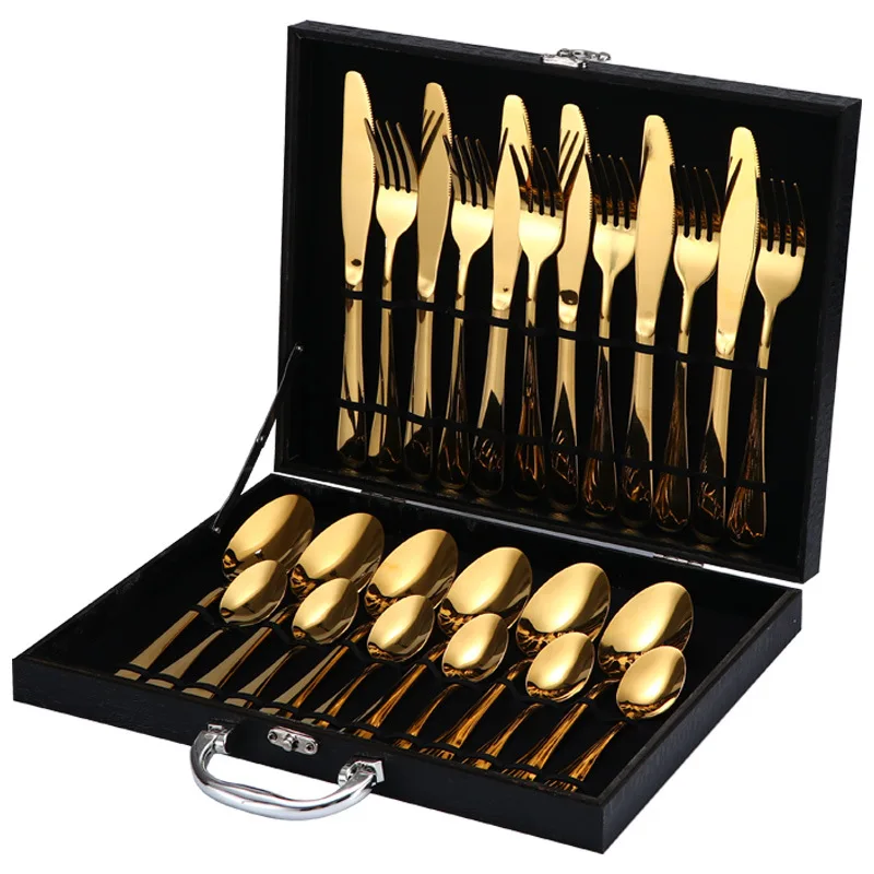 

24PCS Custom Wholesale Metal Silverware Silver Flatware Stainless Steel Hotel Cutlery Sets in Box, Silver/gold/black