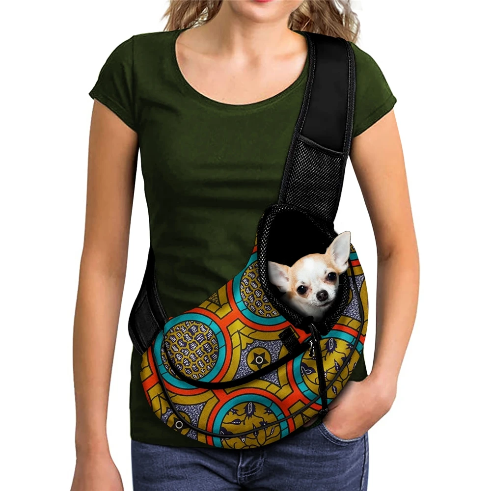 

African Dasgiki Tribal Brown/Blue/Orange Pattern Pet Dog Products Pet Carrier Sling Bag Breathable Mesh Pet Travel Carrier Bag, Customized color