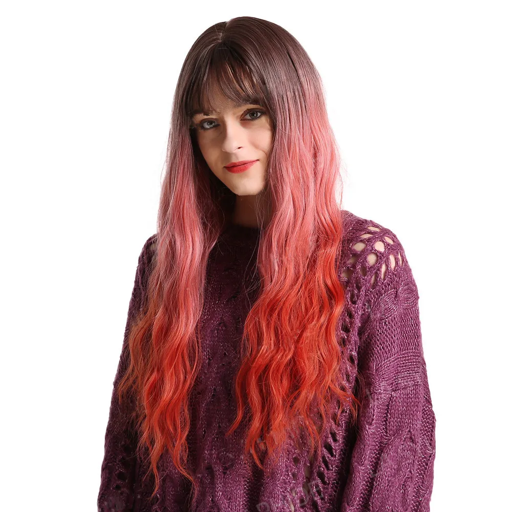 

RTS Brown pink red gradient wavy curly synthetic hair wig cover with bangs