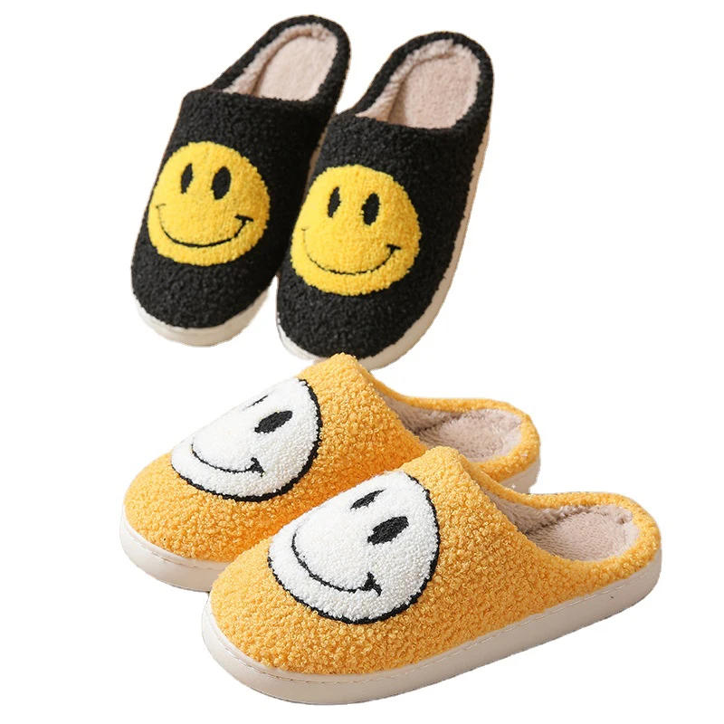 

Smiley face slippers Ins trend fashion ladies cotton slippers net red home warm plush couple slippers autumn winter, Picture