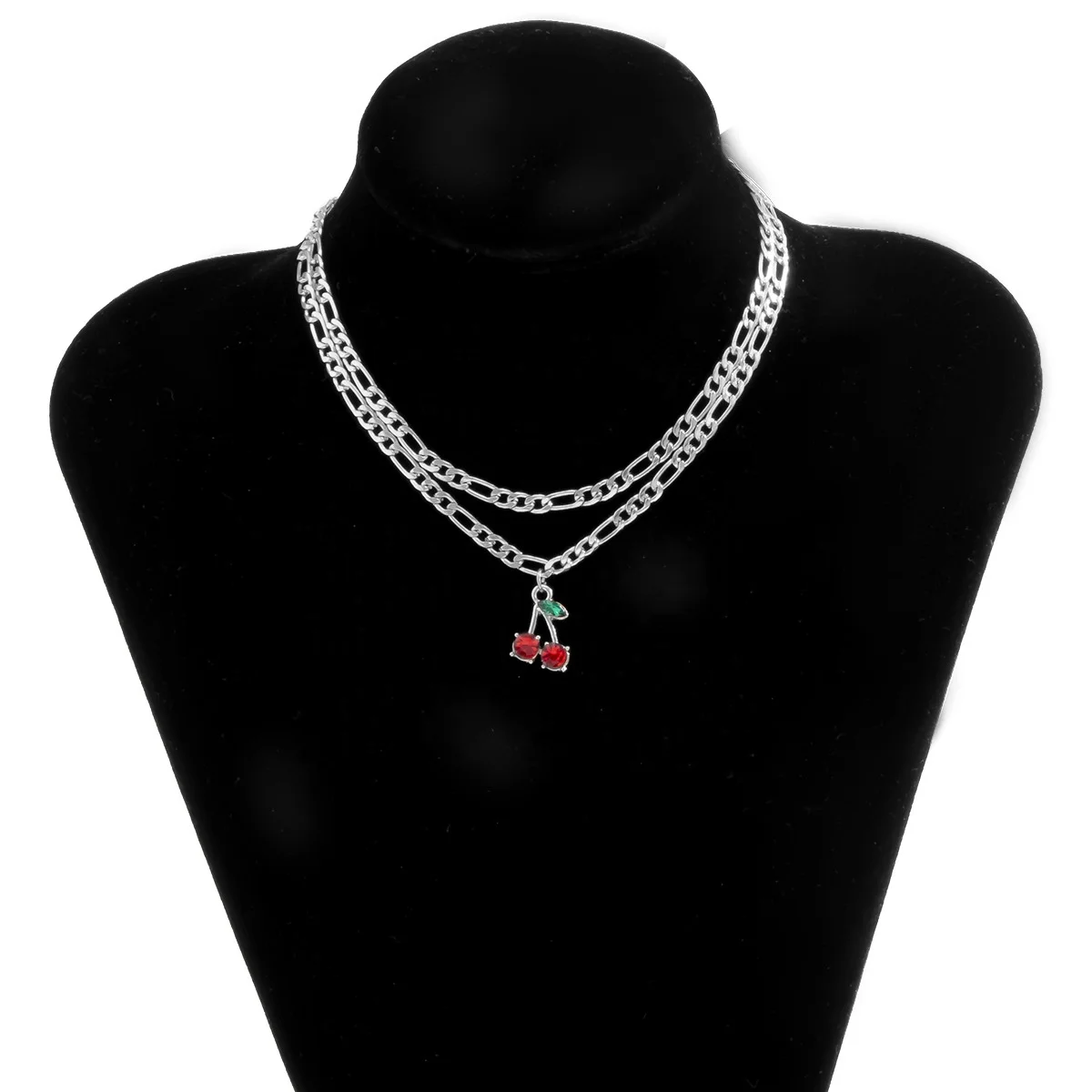 

Vintage Double Layer Crystal Cherry Pendant Necklace Women Punk Thick Chains Geometric Clavicle Necklace Gift Jewelry, Picture shows